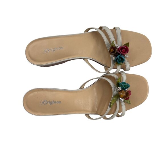 Brighton Womens Floral Sandals Size 7 Slip-On Beige Leather & Multi-Color Flower - Picture 4 of 9